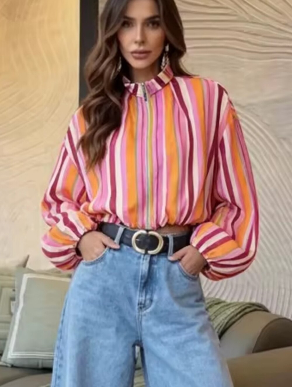 Women's Pink Multi-Stripe High-Neck Balloon Sleeve Top - Picture 3 of 7
